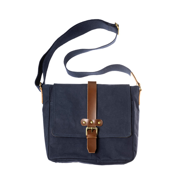 An image of Leather Trim Navy Cotton Canvas Crossbody Messenger Bag