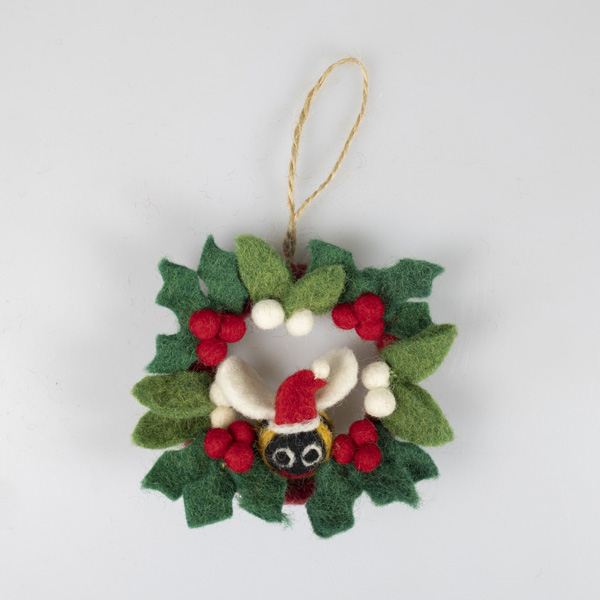 An image of Holly and Mistletoe Bee Wreath, Hanging Decoration