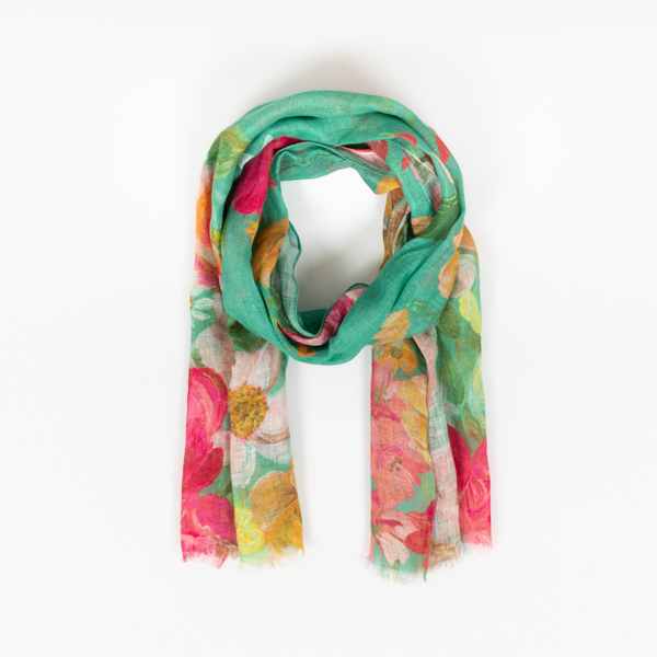 An image of Powder Impressionist Floral Teal Linen Scarf