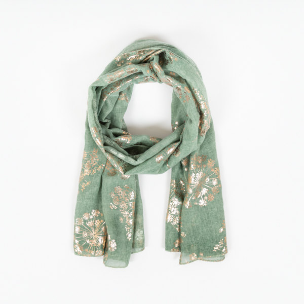 An image of Peace Of Mind Sage Cow Parsley with Foil Recycled Polyester Scarf