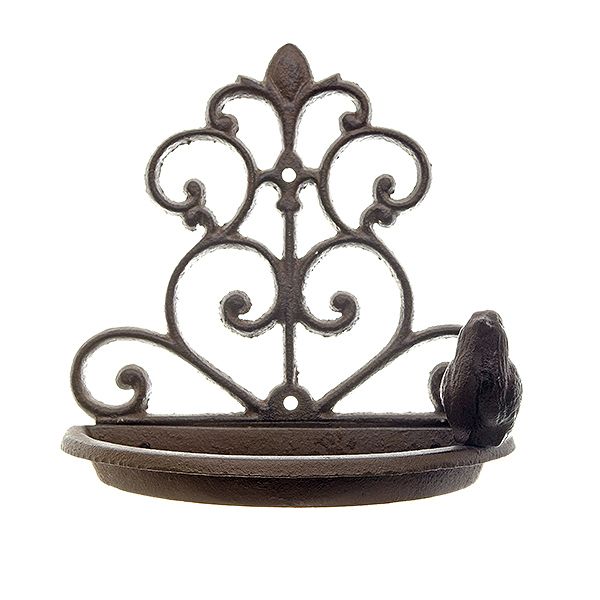 Face on view of the cast iron wall mounted bird feeder in brown showing the scroll pattern at the back