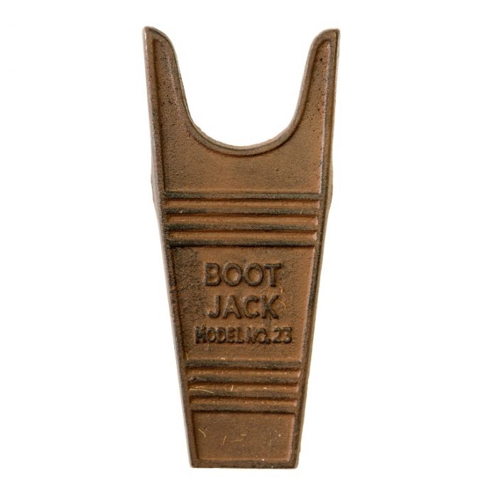 Classic Y-shape design boot jack in a distressed metal finish, embossed with the words 'boot jack' across the middle