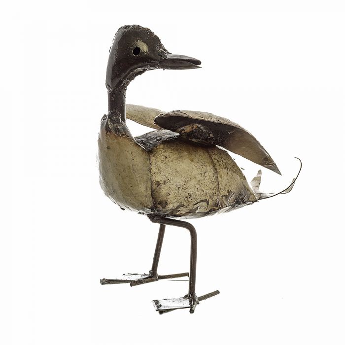 A white metal duck sculpture with slightly raised wings and head turned to the side