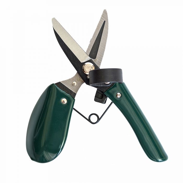 Dark green handles on this ergonomic deadheading tool, with a finger loop for stability and two blades