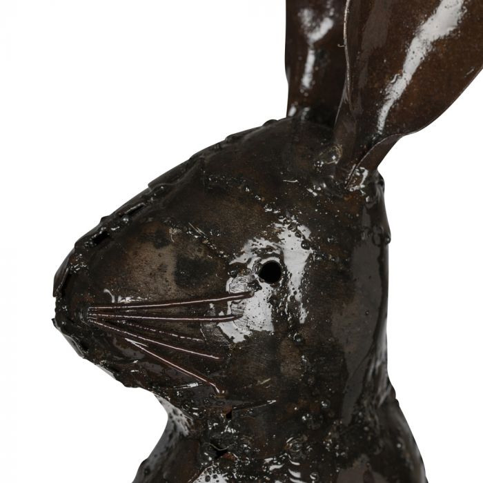 Close up image of one of the hare's faces showing the metal detailing.