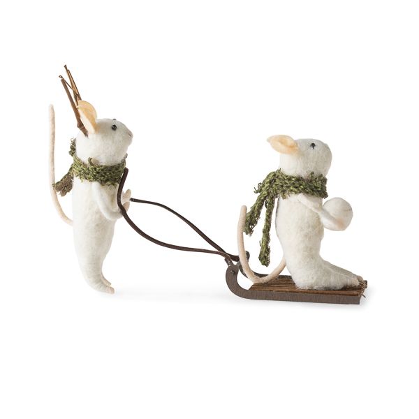 Wool Mice with Wooden Sleigh Ornament