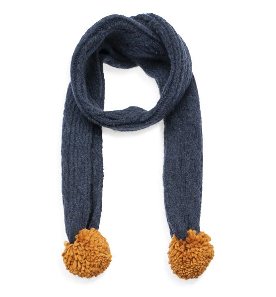 Cable Knit Scarf with Poms, Navy/Tan