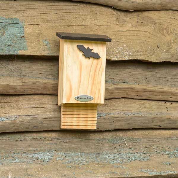 Wooden bat box on a wooden shed. The bat box features a National Trust metal logo on the front and a bat silhouette cut out.