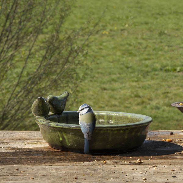 Round Terracotta Bird Bath, Green