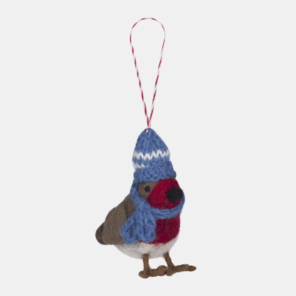 Namaste Robin with Knitted Hat Hanging Decoration