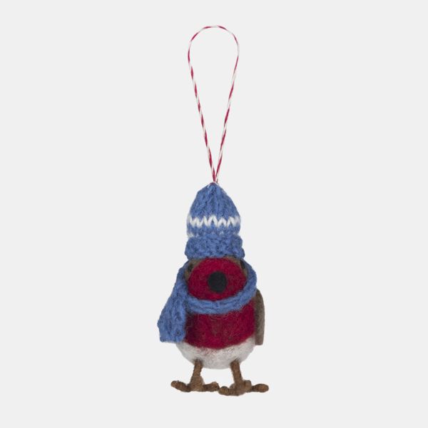 Namaste Robin with Knitted Hat Hanging Decoration