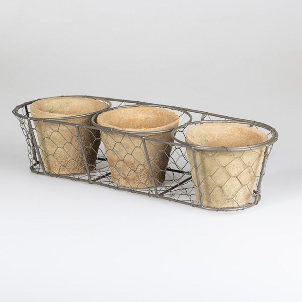 Three Aged Terracotta Pots in Wire Basket