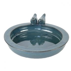 Round Terracotta Bird Bath, Petrol Blue