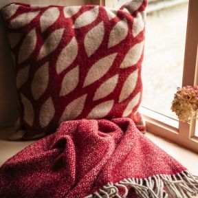 National Trust Cushion with Pad, Jacquard Leaves Red