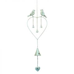 A heart shaped windchime with two perching birds and three small bells below, with one larger bell hanging from the base