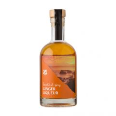 Clear orange coloured ginger liqueur inside a glass bottle with a cork stopper and an orange National Trust label