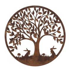 Woodland Garden Metal Wall Plaque featuring two rabbit silhouettes facing towards a tree with birds and mushrooms surrounding them.