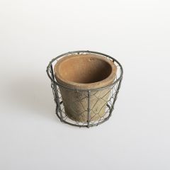 Aged Terracotta Pot in Wire Basket