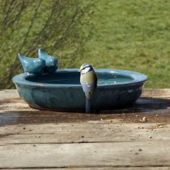 Round Terracotta Bird Bath, Petrol Blue