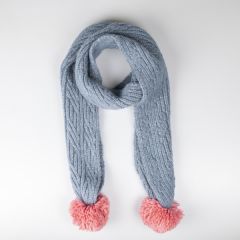 Cable Knit Scarf with Poms, Ice Blue and Pink