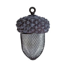 Acorn shaped bird feeder showing how the circular hanging hole and the mesh used to make the acorn 