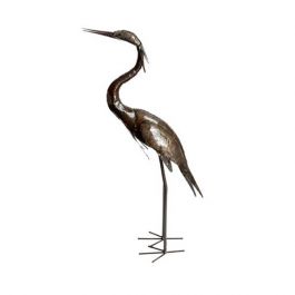 A side on view of a laquered heron sculpture with distinctive curved neck and long beak