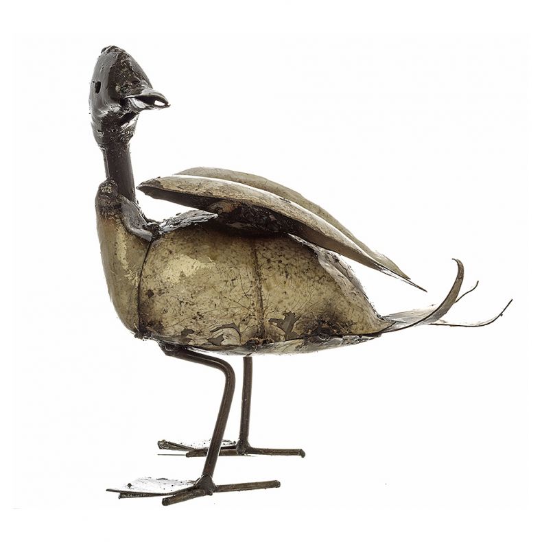 A side-on view of our recycled handmade metal duck sculpture showing the detail of the tail