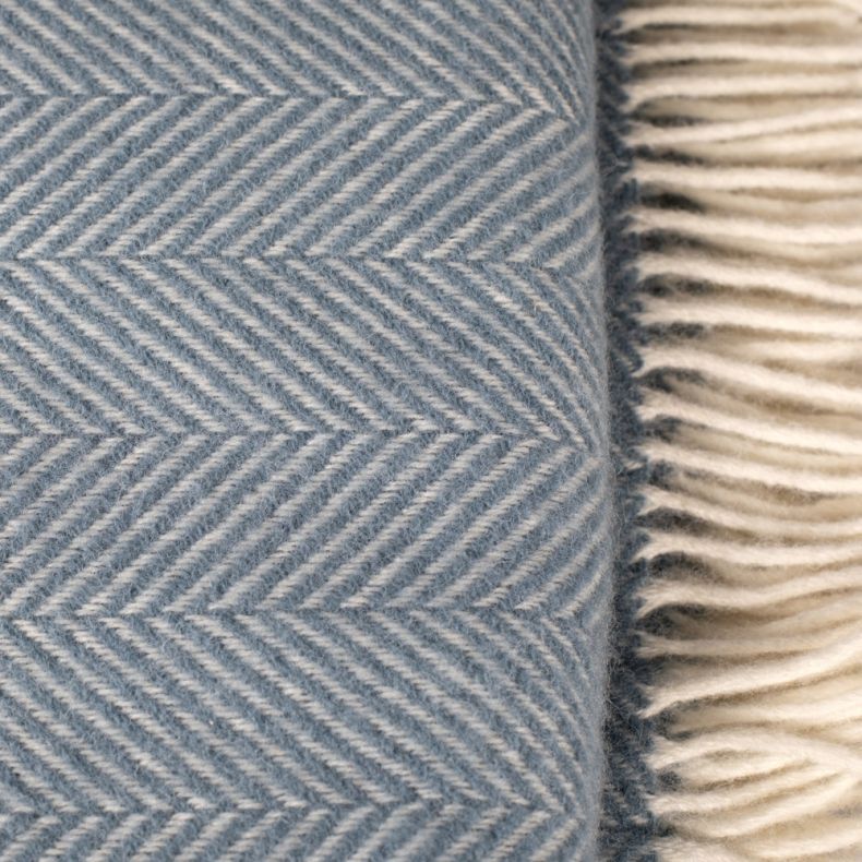 Close up of the Petrol Blue Herringbone Wool Throw showing the detailing and texture.