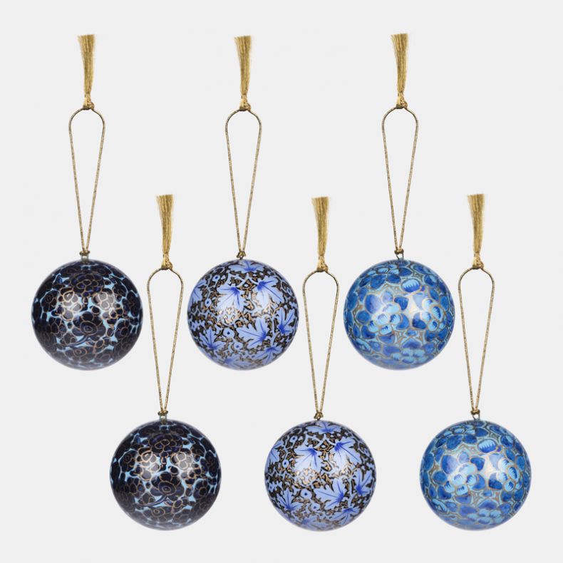 Blue Papier Mache Baubles, Set of 6