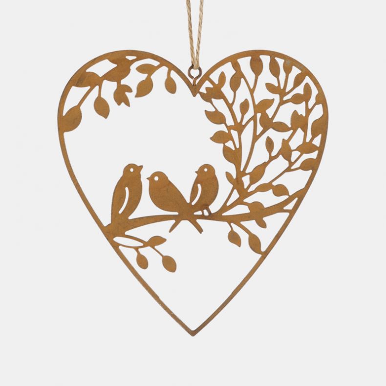 Birds and Blossom Metal Heart Decoration