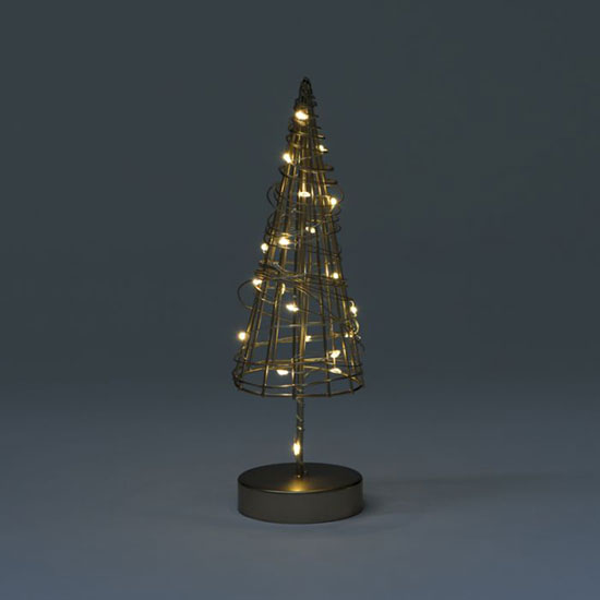 Wire Tree Decoration - light up wire tree with golden finish, image shows ornament lit up in dusk on a plain background.