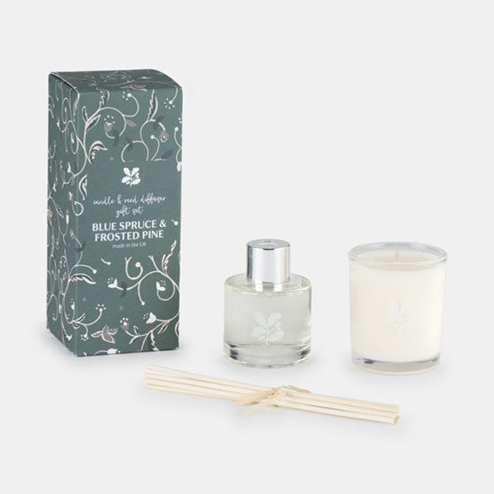 Scented Gift Set Blue Spruce and Frosted Pine - image shows diffuser and candle set on a plain grey background.