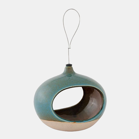 National Trust Vierno Seed Feeder. Image shows hanging ceramic bird feeder with wire hanger on a plain grey background.