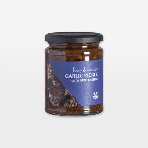 Garlic Pickle with Nigella Seeds - image shows jar of National Trust pickle on a plain white background.