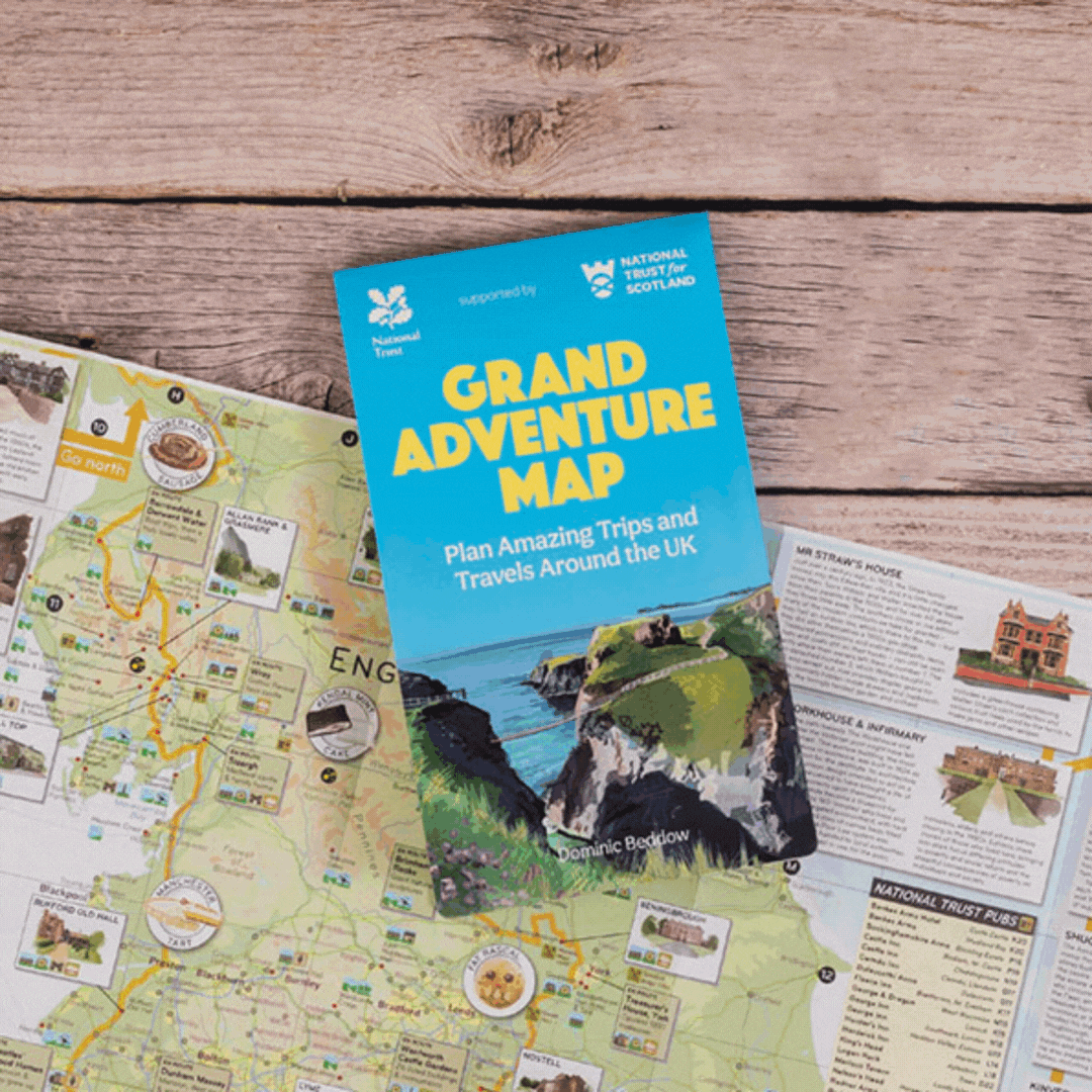 Newly published - National Trust Grand Adventure Map. This image is a gif, which shows front cover of map, with an illustration of a gorge way. This switches to an image of map open, showing routes and places near Edinburgh, Scotland.