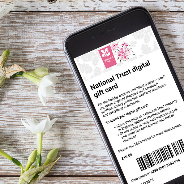 Ways to say thank you - give the gift of choice this Mother's Day with a digital National Trust gift card, redeemable in our shops, towards membership, a stay in one of our holiday cottages or for cake and coffee at our cafes.