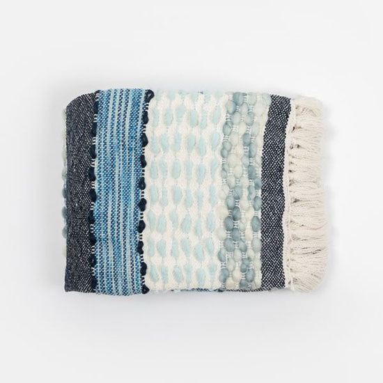 National Trust Throw - Coastal Stripes (£48.00). Image shows throw, with blue, grey and white stripes, folded on a plain grey background.