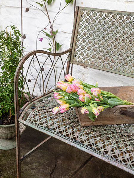 Garden furniture. Image shows Marlborough Bench against white garden wall, with freshly cut flowers in a flower trug resting on the seat.