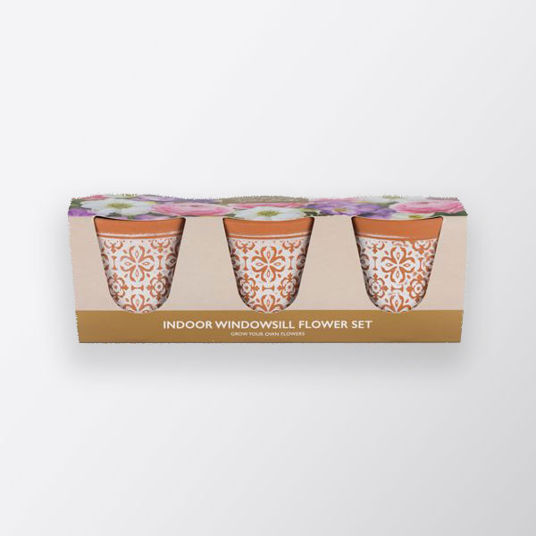 Windowsill Bulb Trio Set (£15.00). Image shows window sill set, including flower bulbs and three geometric patterned terracotta pots, on a plain grey background.