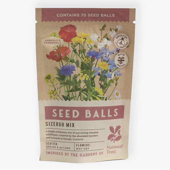 Seed Balls - Sizergh Mix(£12.00). Image shows seed balls in packaging, with meadow wildflowers on front.
