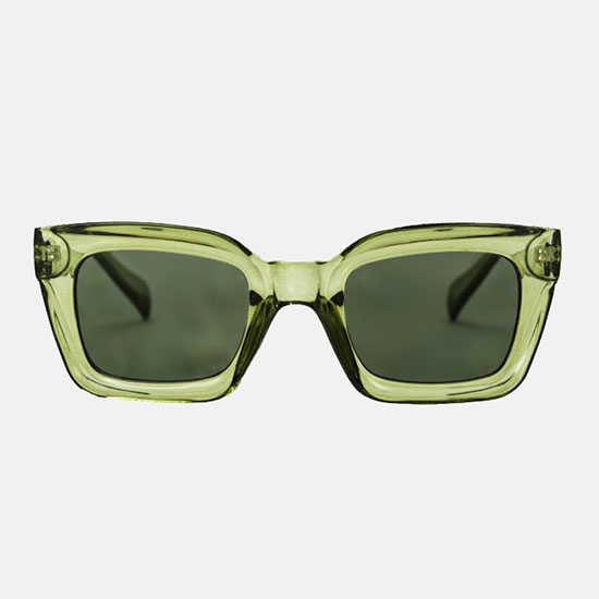 Anna Recycled Plastic Sunglasses(£30.00). Image shows green plastic sunglasses, with rectangular shaped thick frame, on plain grey background.