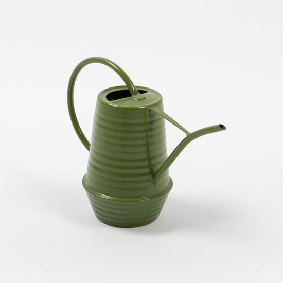 Metal Watering Can, Green (£8.00). Image shows metal watering can in green with long spout and rounded handle on a plain grey background.